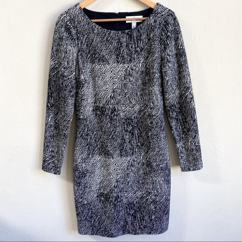 Badgley Mischka Black‎ White Print Long Sleeve Casual Dress